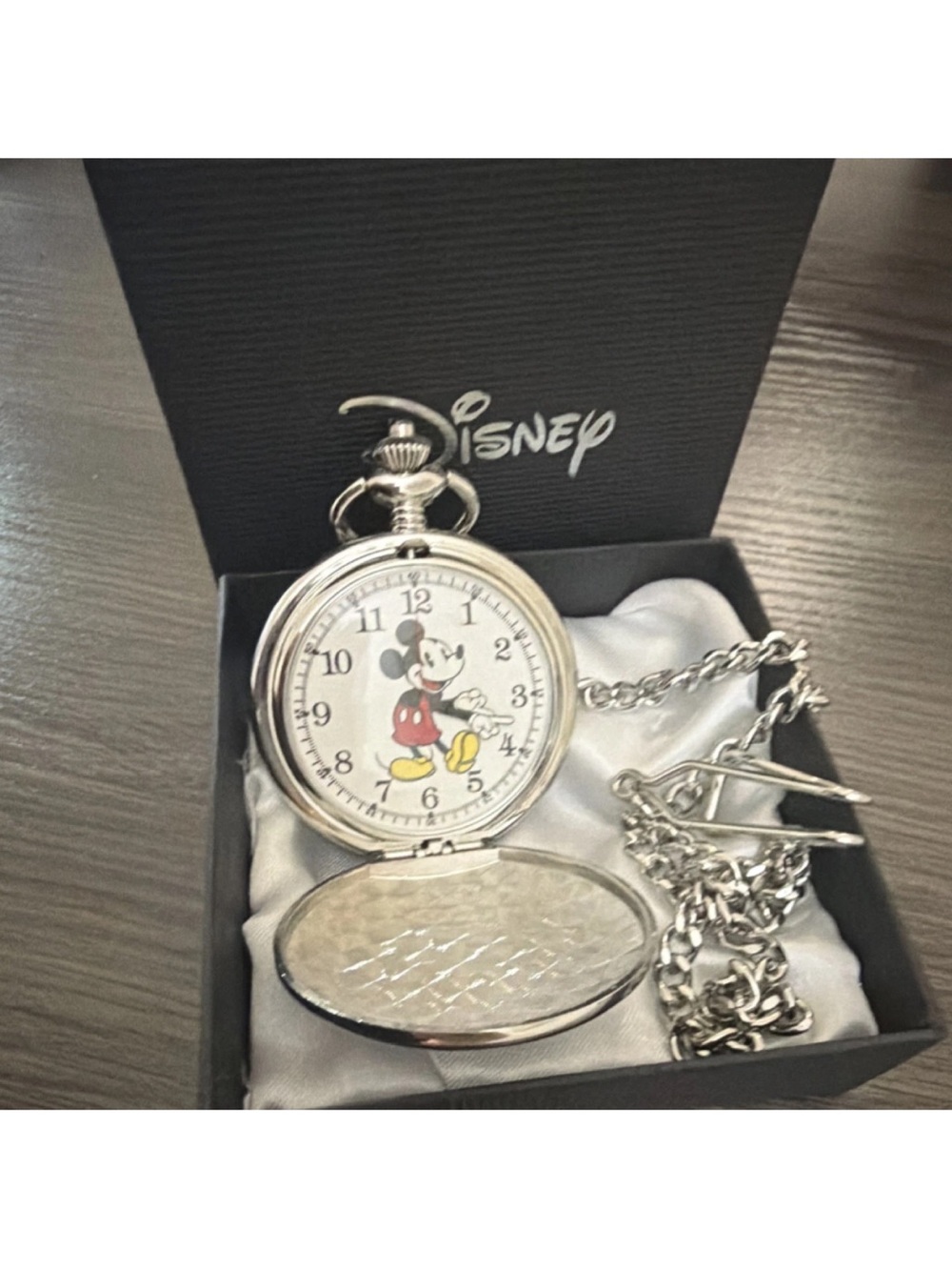 Disney Mickey Mouse Quartz Full Hunter Silver Pocket Watch with Chain & Box